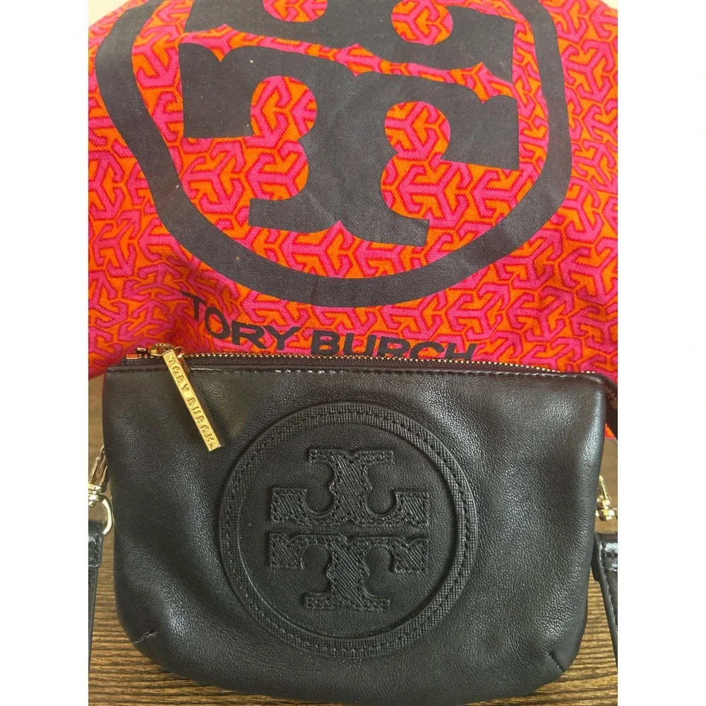 Tory Burch Marion Mini Crossbody Bag Black Pebbled Leather Gold Hardware Clutch